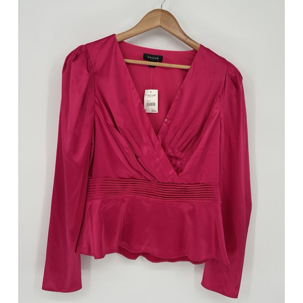 NWT Caché Fuchsia Pink Wrap Blouse Long Sleeve Peplum Waist Elegant Top Small - Picture 2 of 10